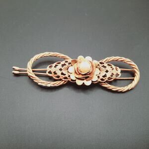Vintage Gold Tone Flower Barrette with Faux Pearl Center – 4 Inch Hair Clip